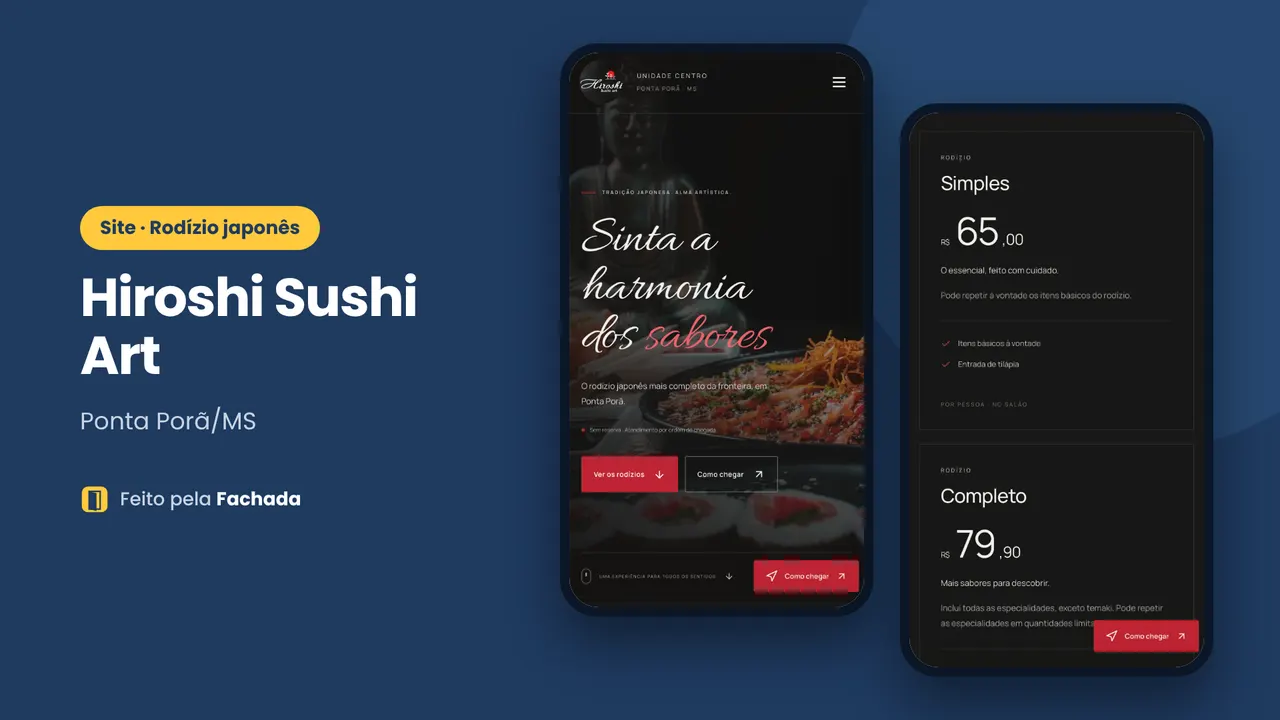 Site do rodízio japonês Hiroshi Sushi Art aberto no celular